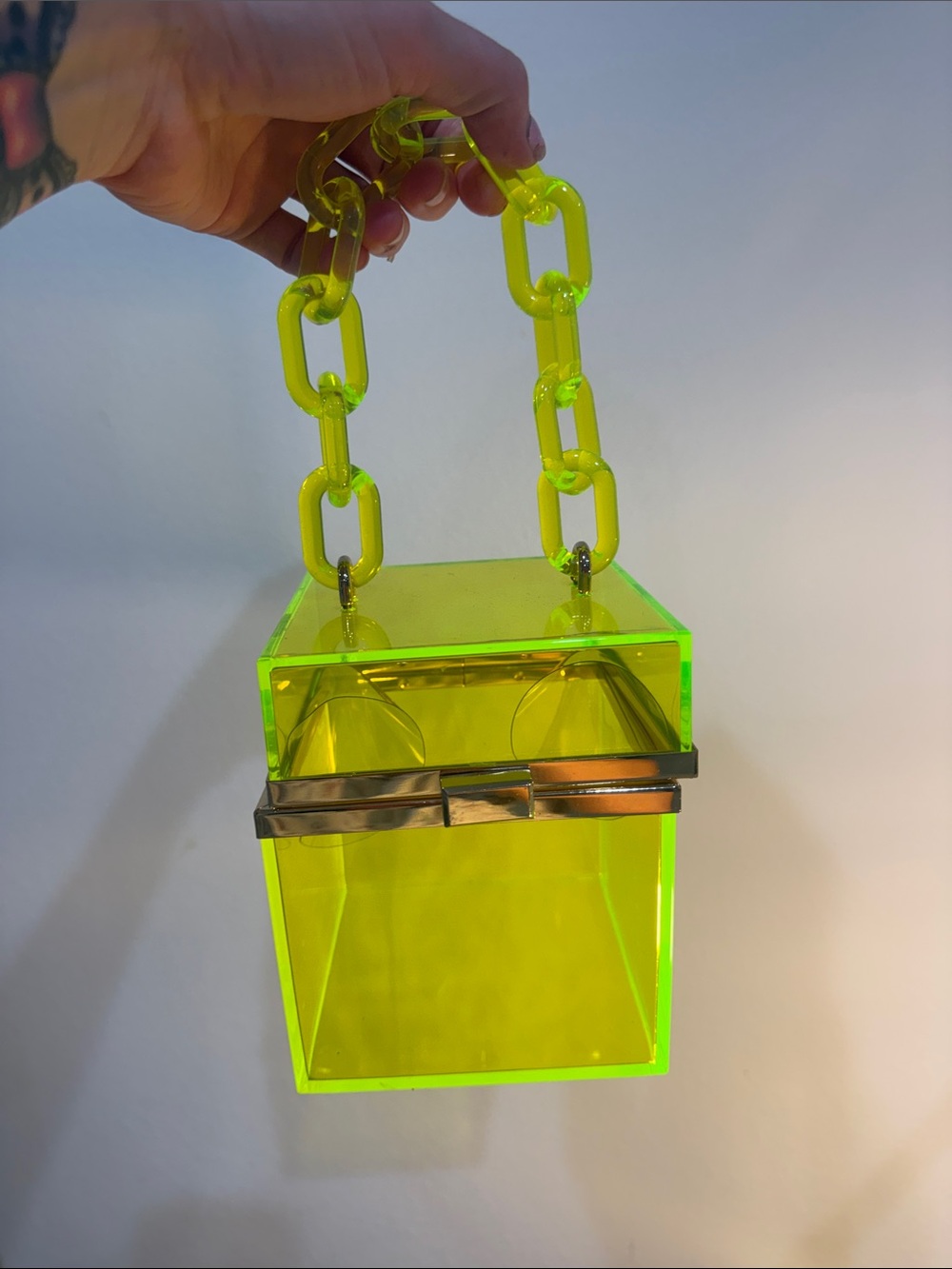Neon Yellow Acrylic Box Handbag with Chunky Chain Handle